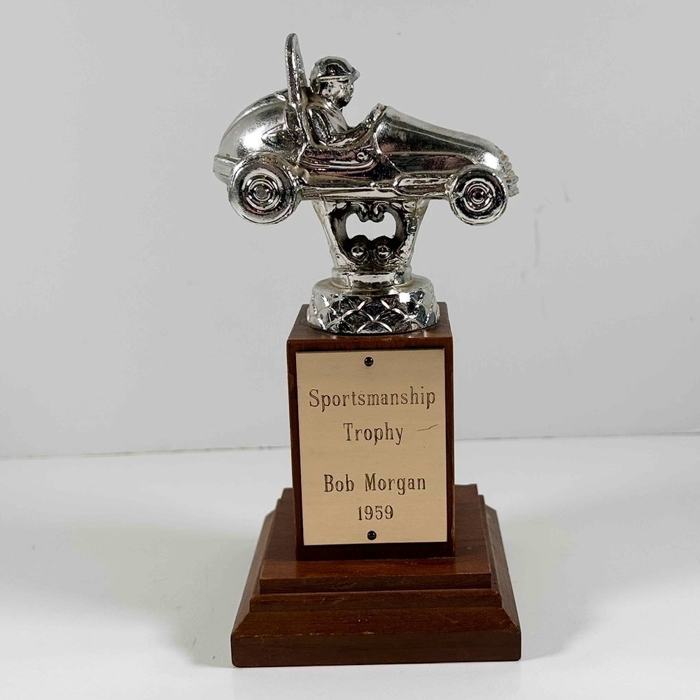 Vintage Soap Box Derby Style Sportsmanship Trophy with Wooden Base from 1959